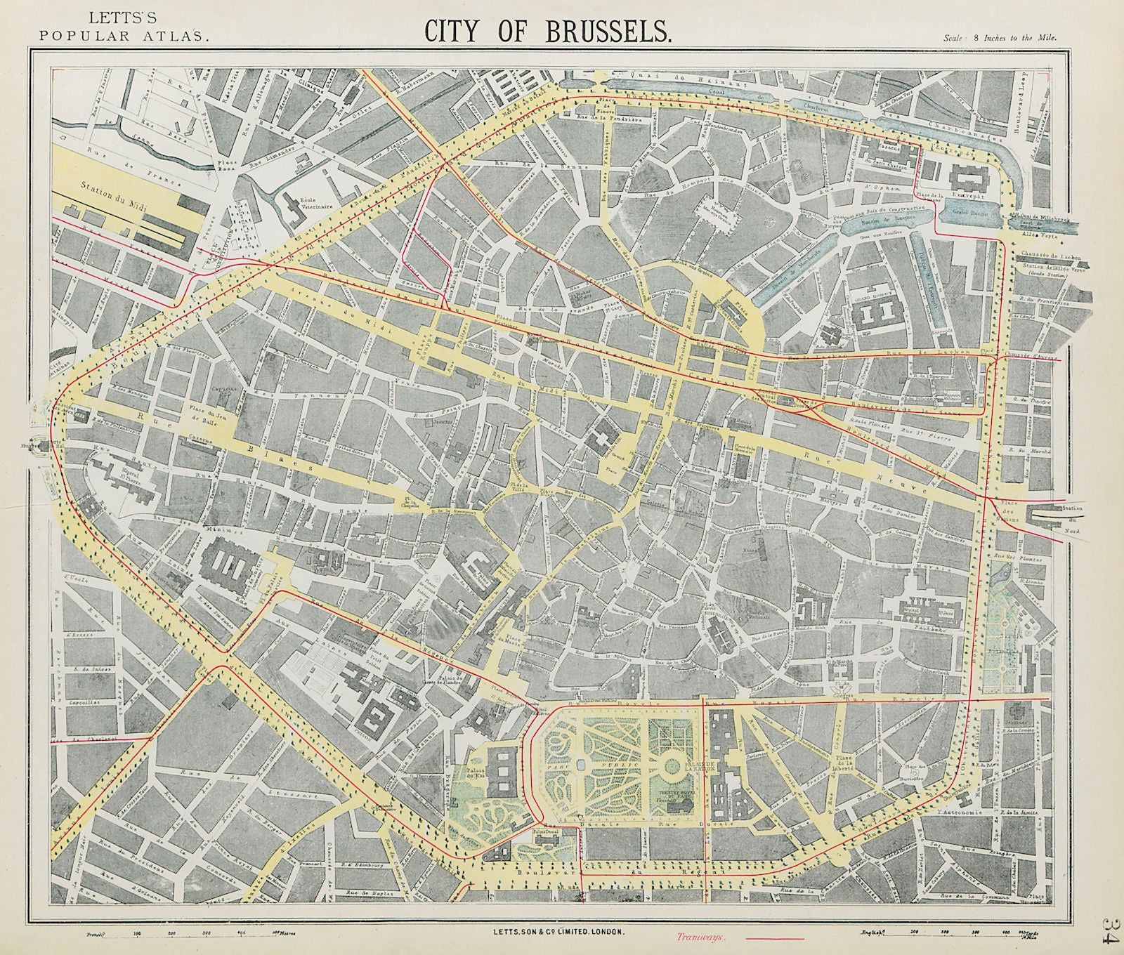 BRUSSELS BRUXELLES BRUSSEL antique town city map plan. Tramways. LETTS 1884
